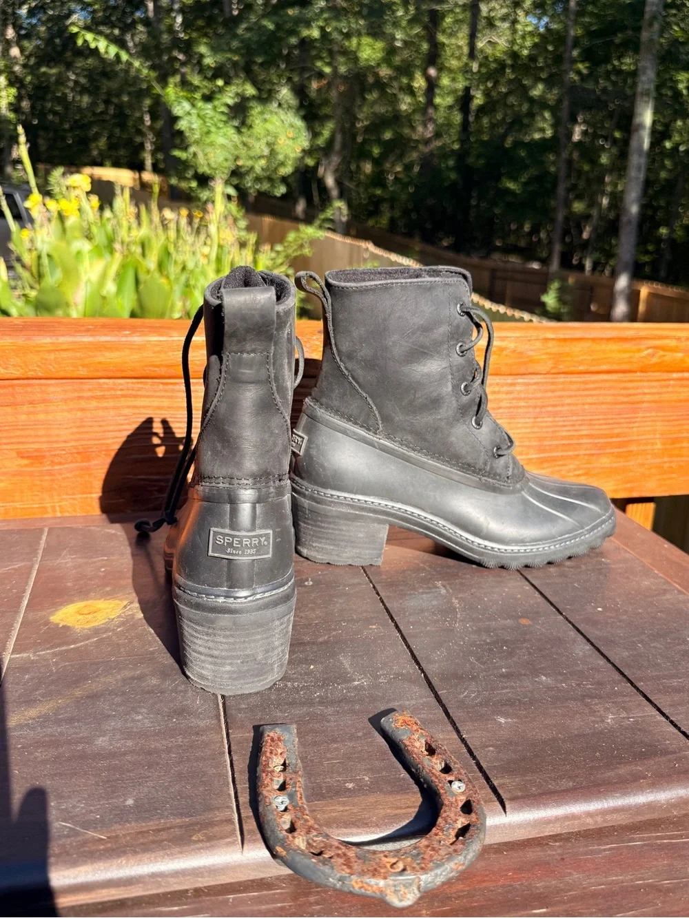 Sperry Black Lace-Up Duck Boot Heels